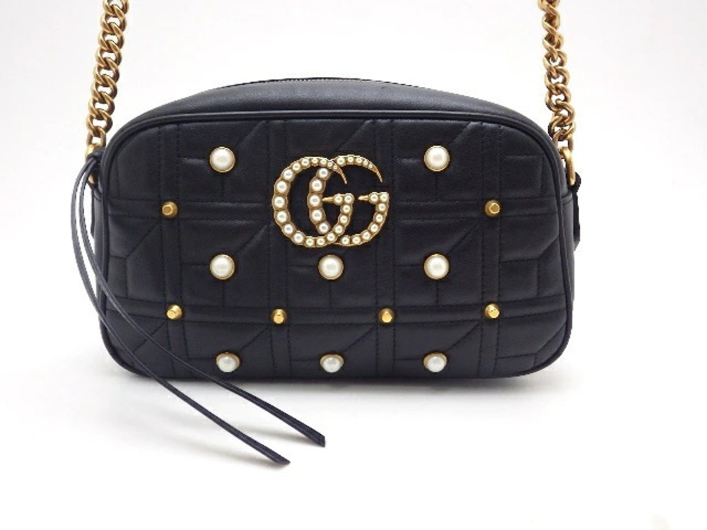 Gucci Shoulder Bag GG Marmont Pearl Studs Black